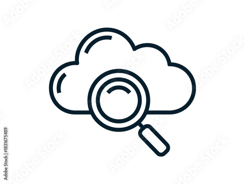 A magnifying glass is superimposed on a cloud, symbolizing cloud search and data analysis.