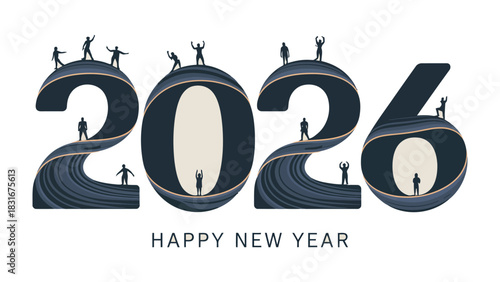 New Year's Eve 2026: The anticipation of new beginnings is visualized with silhouettes of people celebrating atop the numbers of the year. The illustration captures a festive and celebratory spirit.