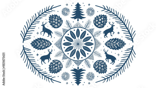 Charming winter holiday pattern with reindeer, pine cones, and trees for festive seasonal designs