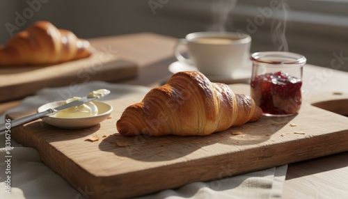 Fresh buttery croissant served with jam and coffee on a wooden board.