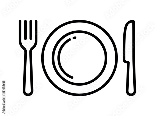 A simple line drawing depicts a white plate with a fork on the left and a knife on the right, set for a meal.