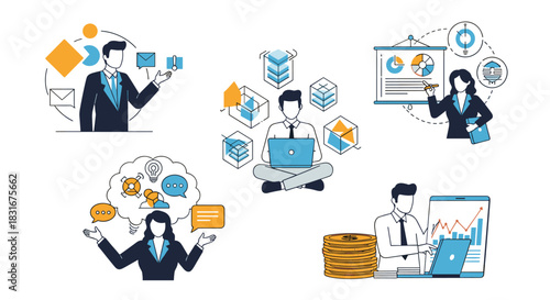 A set of five business concept illustrations showing professionals engaged in brainstorming, data analysis, and financial management activities.