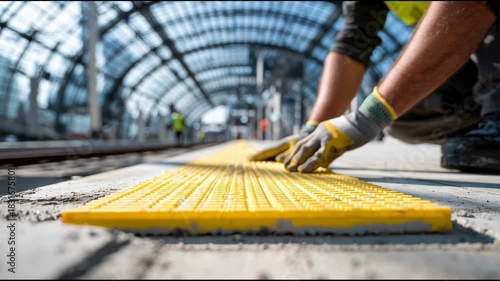 A worker carefully places bright yellow tactile paving tiles on the ground at a train station. This work ensures safe navigation for visually impaired individuals