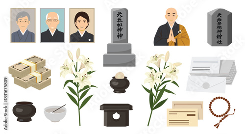 A collection of items related to a traditional Japanese Buddhist funeral, including portraits of the deceased, a tombstone, flowers, and money.