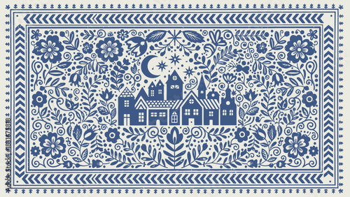 Whimsical village scene with moon and stars framed by floral patterns for charming folk art designs