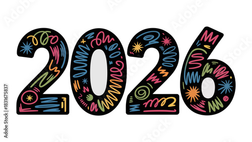 Year 2026 Typography: A vibrant and creatively designed representation of the year 2026, showcasing bold colors, patterns, and an artistic flair to signify the forward journey and possibilities. 