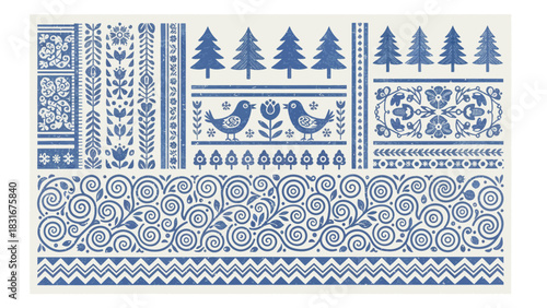 Charming folk art pattern with trees, birds, flowers and swirly vines for delightful holiday designs