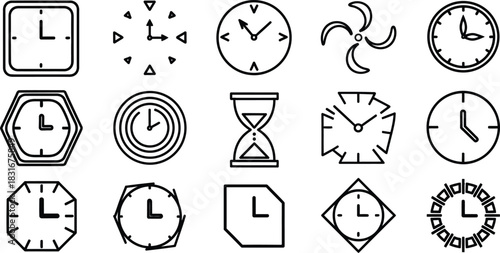 Diverse set of minimalist outline clock and time vector icons, perfect for illustrating schedules, deadlines, and temporal concepts in digital interfaces and graphic design projects