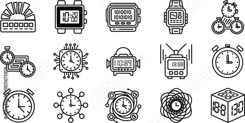 A diverse collection of time-related line icons, featuring analog clocks, digital watches, stopwatches, and abstract futuristic time concepts for modern design projects