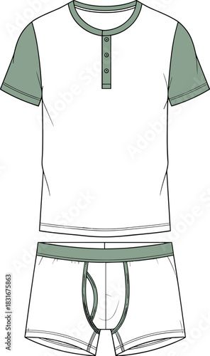 Color Block Raglan Henley Shirt and Boxer Briefs Underwear Technical Fashion Illustration Drawing Vector Mockup for Designer Apparel Clothing CAD Template