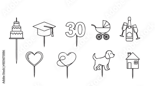 Collection of decorative cake toppers in a simple line drawing silhouette style