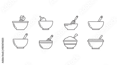 Set of eight mortar and pestle icons in a simple outline silhouette style