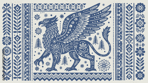 Detailed griffin art nouveau illustration, elegant mythical beast design for creative projects and textile prints