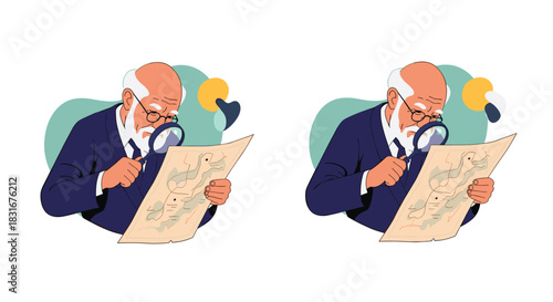 A spot-the-difference puzzle game featuring two nearly identical illustrations of an elderly man with a magnifying glass examining a map.