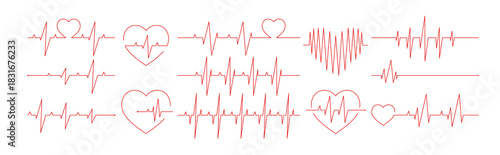 Heart beat lines set. Heartbeat graphs, abstract cardiograms with pulse rate in continuous strokes. Medical charts, ECG for cardio health, breath. Vector illustrations isolated on white background