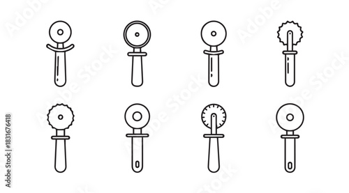 Collection of eight hand drawn pizza cutter silhouettes in a simple line art style silhouette