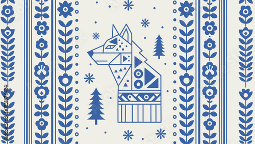 Charming folk art pattern with geometric wolf and floral details for Scandinavian design inspiration