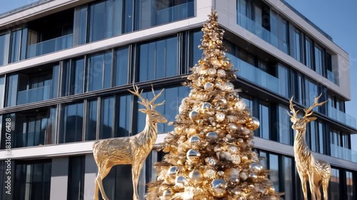Decorated christmas tree and golden reindeer against modern building exterior