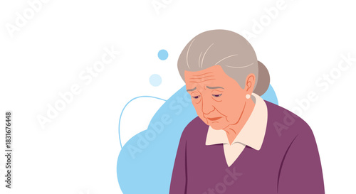 A portrait of a sad and lonely elderly woman looking down with a sorrowful expression, representing aging, depression, or grief.