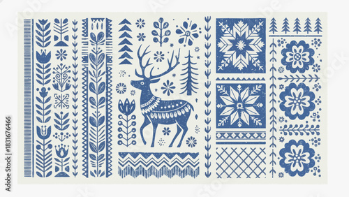 Charming Nordic folk art pattern with reindeer and floral elements for festive Scandinavian designs