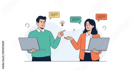 A young man and woman with laptops engaged in a friendly and productive conversation, with speech bubbles and an idea lightbulb between them.