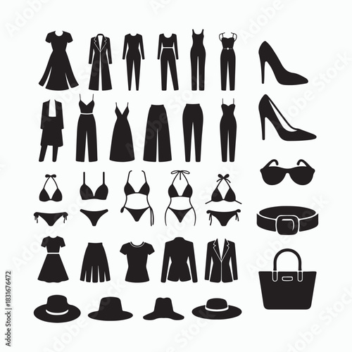 Women’s fashion silhouette icon set with dresses, shoes, accessories, and clothing items vector illustration