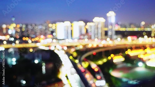 Aerial view of blur city buildings and traffic