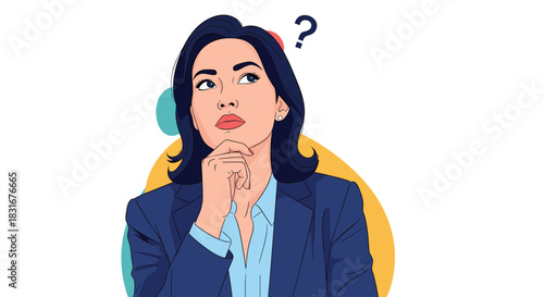 A thoughtful businesswoman in a suit looks up with a curious expression, a question mark floating above her, symbolizing a problem or query.