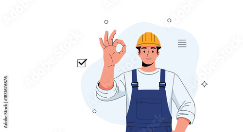 A confident and smiling construction worker in a hard hat and overalls making an 'OK' hand gesture, signifying approval and safety.