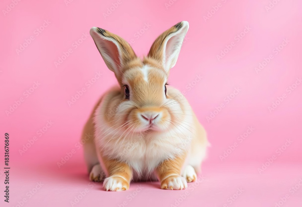 Fototapeta premium Fluffy lop-eared rabbit sits playfully against a soft pink backdrop, small animal, sitting rabbit