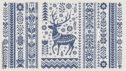 Charming folk art pattern with reindeer, flowers, and geometric shapes for festive designs and decor projects