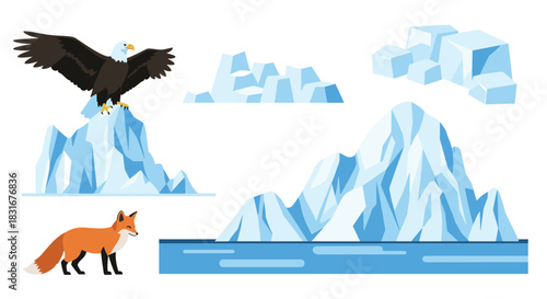A collection of arctic and antarctic elements, including icebergs, a bald eagle perched on ice, and a red fox, on a white background.