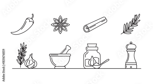 Collection of culinary herbs and spices in a simple line drawing silhouette style