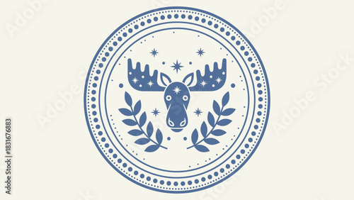 Charming moose emblem with decorative foliage, perfect for holiday crafts and rustic invitations