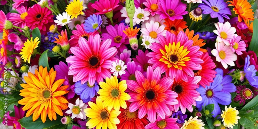 Fototapeta premium Vibrant blooms in a breathtaking floral arrangement, cheerful botanical backdrop, bouquet, floral illustration