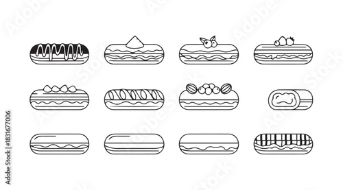 Collection of twelve different dessert cakes and pastries in a black and white silhouette style