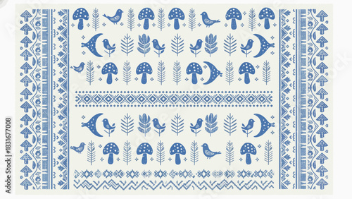 Whimsical woodland pattern featuring mushrooms, moons, birds, and foliage for enchanting designs