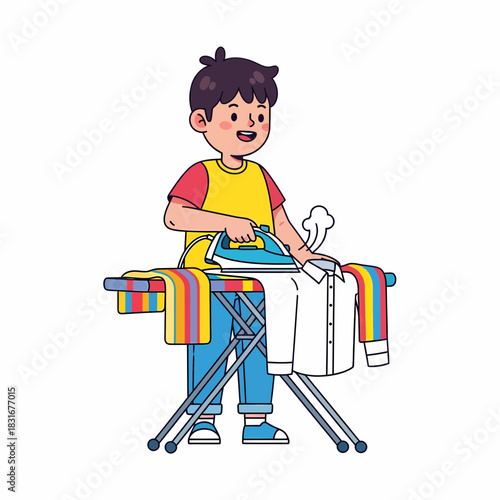 Boy ironing clothes on a board at home, domestic chores and responsibilities