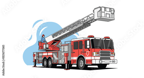 A firefighter operates the controls of a large red fire truck with its ladder extended, ready for a rescue operation or emergency.