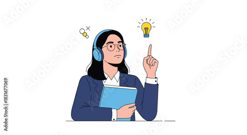 A businesswoman wearing headphones holds a book and has a moment of insight, indicated by a glowing lightbulb above her head.