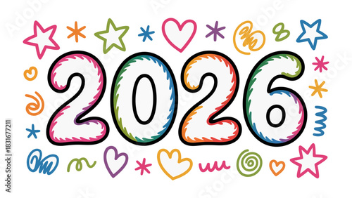 New Year's Vision: The year 2026 is joyfully presented with playful elements and artistic rendering, encapsulating the spirit of future possibilities, marking a hopeful beginning.