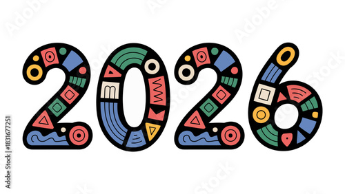 2026 Typography: A vibrant graphic design showcasing the year 2026. The figures are meticulously crafted with geometric patterns, and color gradients to make a artistic and futuristic aesthetic.
