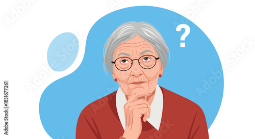 A curious elderly woman with glasses has her hand on her chin, with a large question mark indicating confusion, memory loss, or a query.