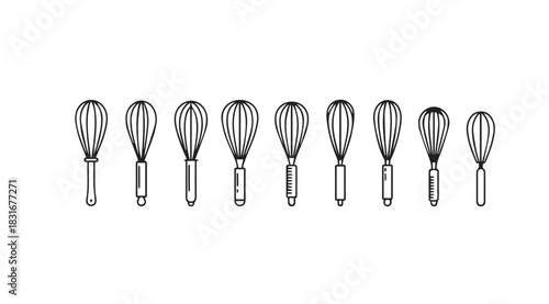 Collection of kitchen whisks in a row silhouette