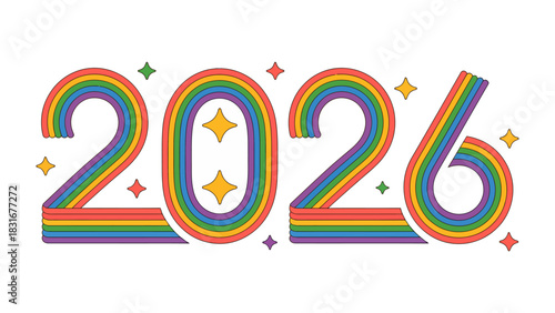 Year 2026: The vibrant 2026 numerals in the colors of the rainbow, are intertwined with stars. Celebrating the hope of the future, filled with colors.