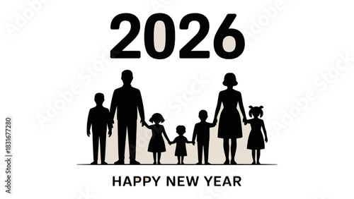 Family's New Year's Greeting in 2026: A silhouette of a family, holding hands, forming a close knit circle in anticipation of a new year. A timeless portrait.