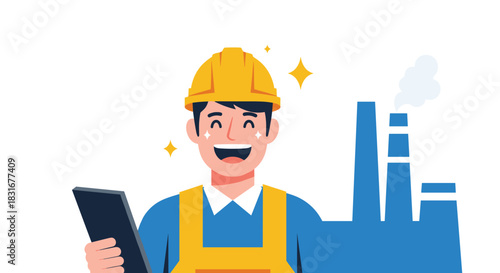 A cheerful factory worker in a helmet and overalls smiles brightly while holding a clipboard, with a factory silhouette in the background.