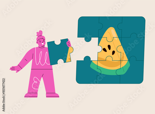 Happy girl doing puzzles. Colorful vector illustration