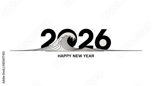 New Year 2026: A minimalist, artistic greeting card design, featuring the year 2026 with a stylized wave graphic element and the message Happy New Year, set against a clean backdrop. 