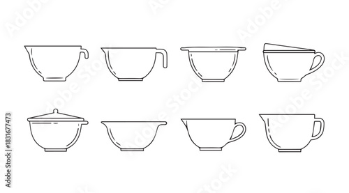 Collection of eight different ceramic cups and mugs in silhouette style